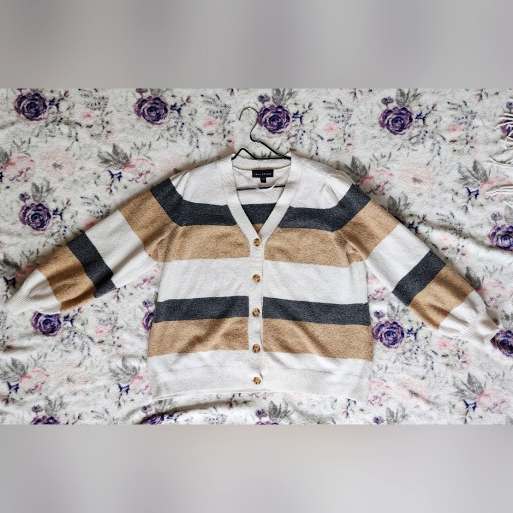 Lane Bryant Neutral Striped Button-Up Sweater